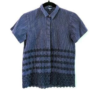 Madewell Navy Blue White Striped Eyelet Trim Short Sleeve Buttondown Blouse